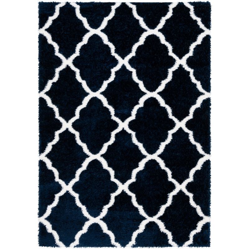 Navy and White Geometric Shag Area Rug 5' x 7'