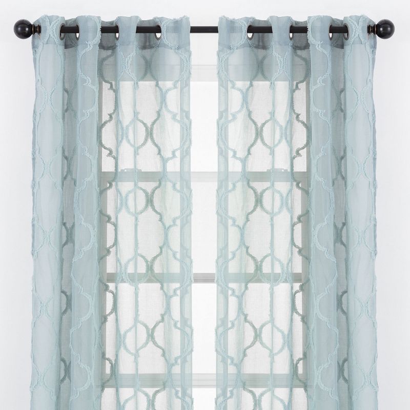 Tan Turquoise Moroccan Textured Sheer Grommet Window Curtain Panels, 52 x 63 in