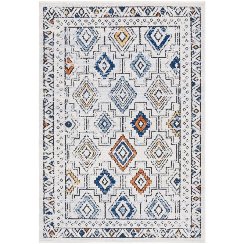 Ivory and Blue Oriental Synthetic Stain-Resistant Round Rug