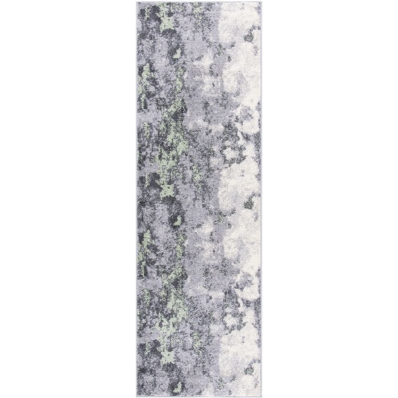 Gray and Green Abstract Synthetic Runner Rug