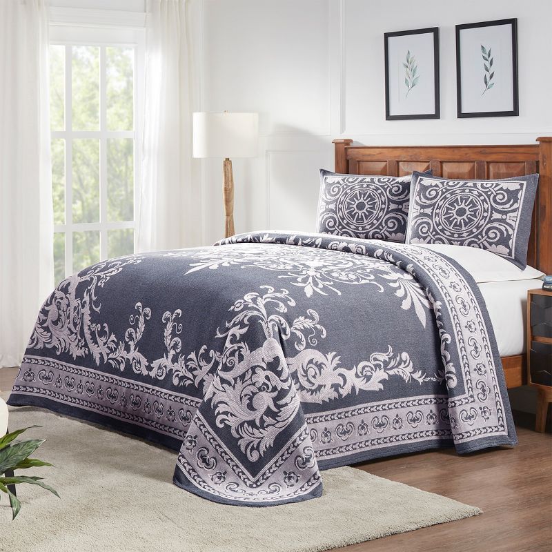 King Denim Blue Cotton Medallion Bedspread Set