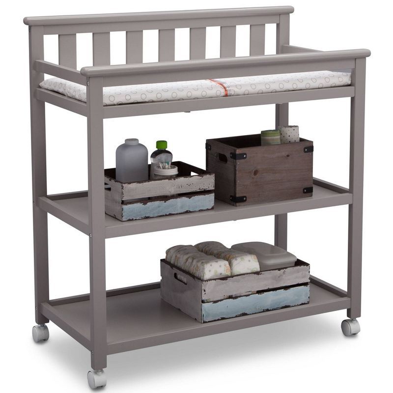 Gray Wood Changing Table with Wheels and Safety Strap