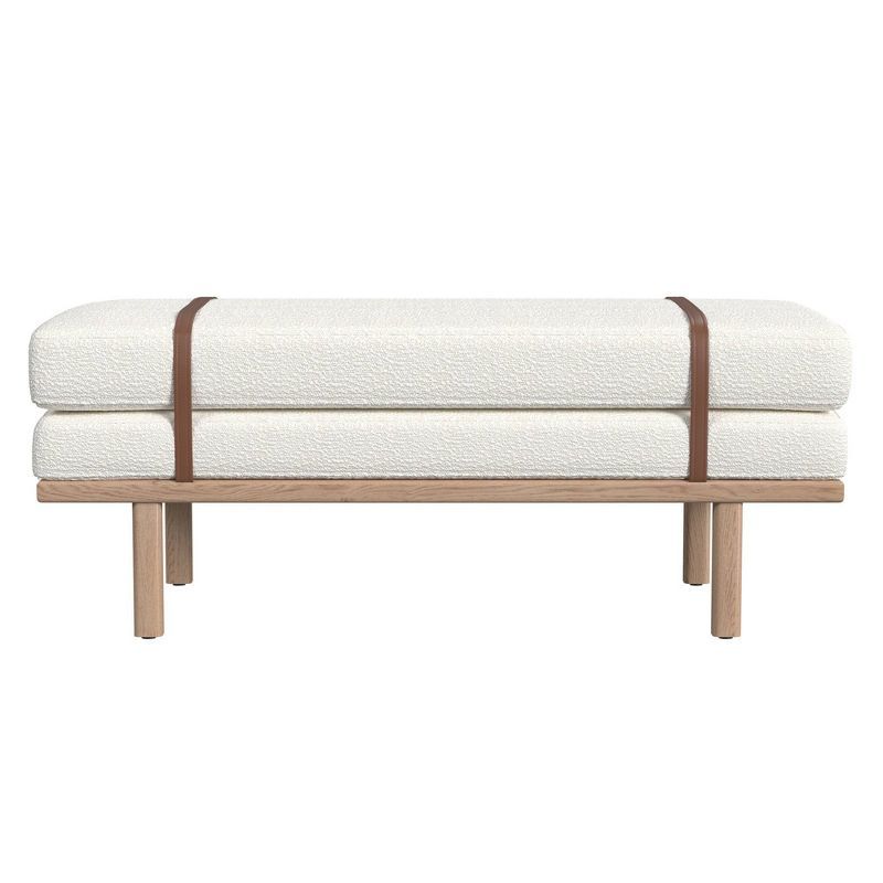 Cream Boucle Upholstered Bench with Faux Leather Straps