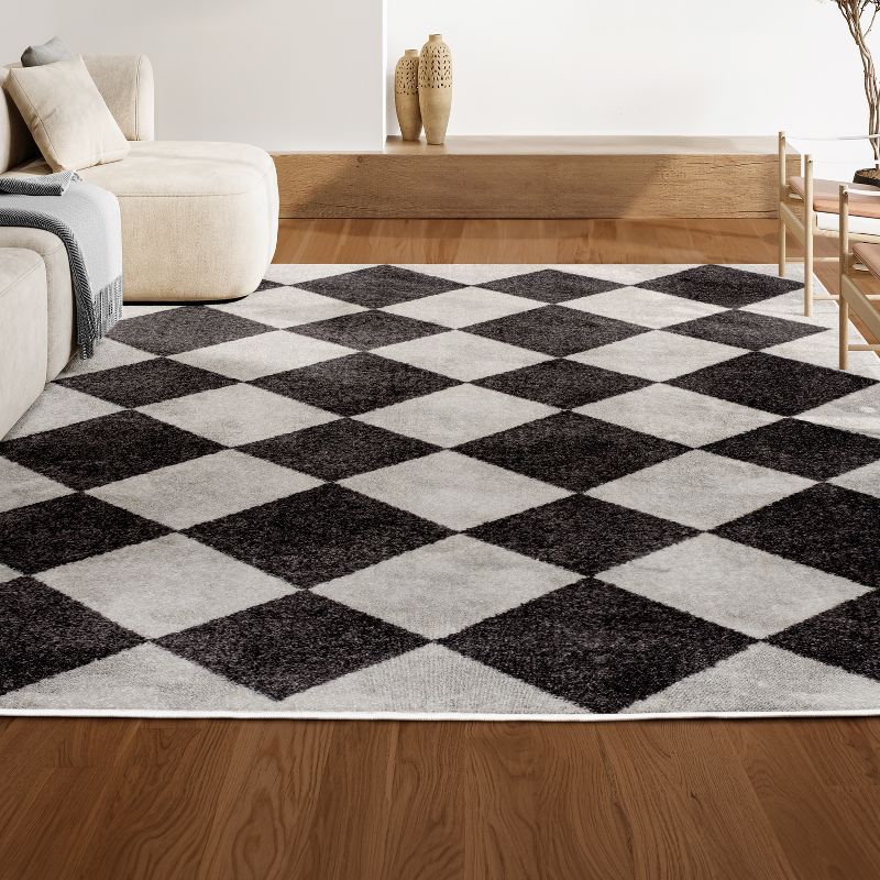 White and Dark Gray Geometric Diamond Pattern Area Rug