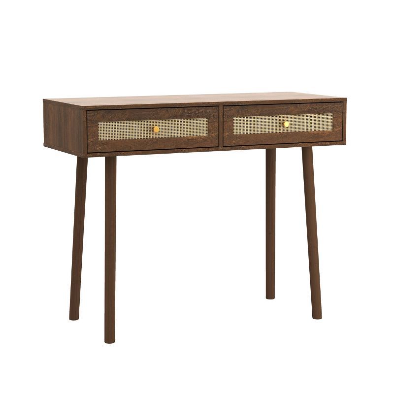 Walnut Mid-Century Modern Console Table with Rattan Drawers