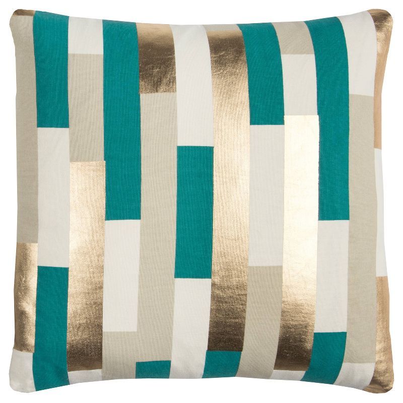 20" Teal and Gold Striped Cotton Canvas Throw Pillow Cover