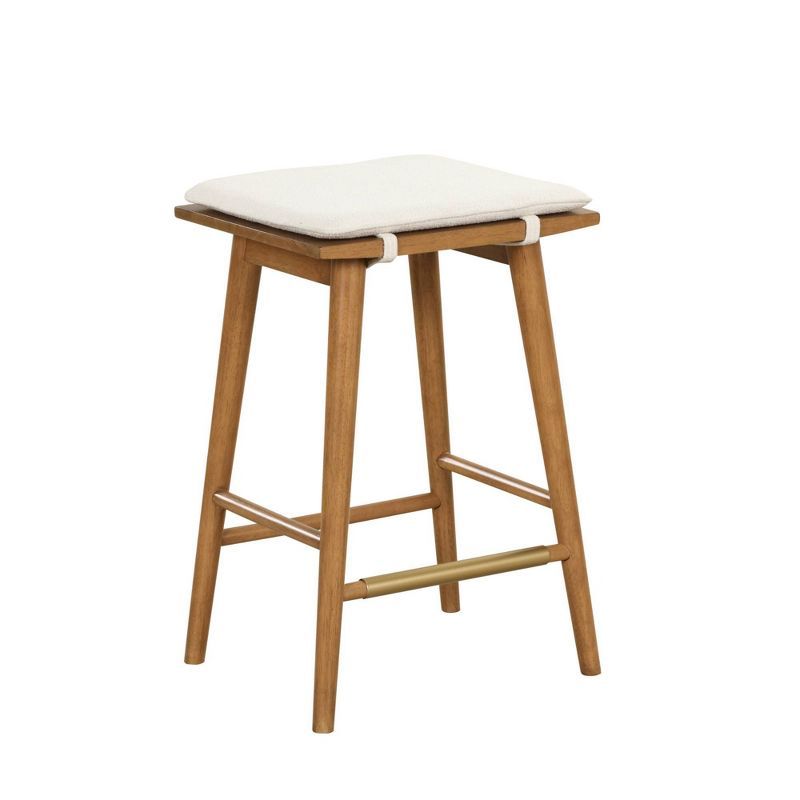 Brown Wood and Metal Backless Saddle Barstool with Padded Seat