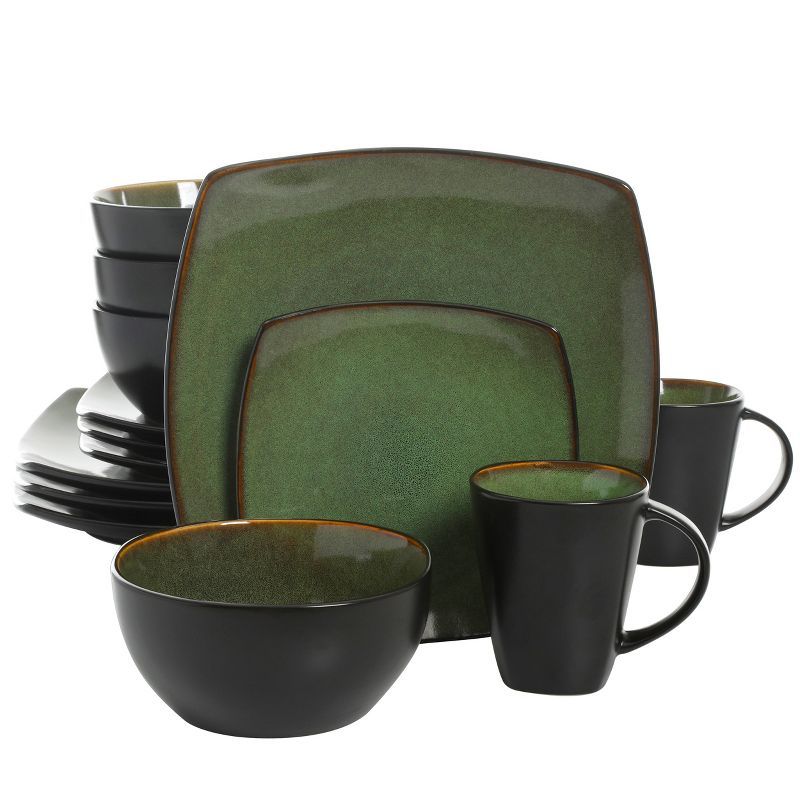 Green and Black Square Porcelain Dinnerware Set for 4