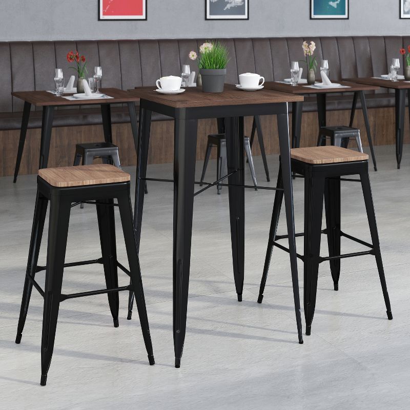 Industrial Black Metal Bar Table Set with Elm Wood Top and 2 Backless Stools