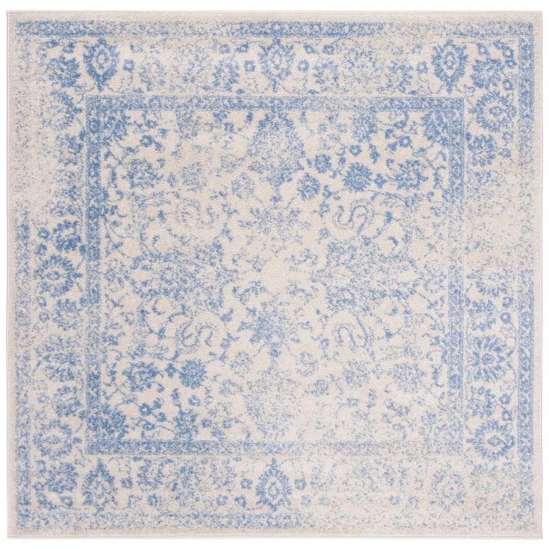 Ivory and Light Blue Square Medallion Synthetic Area Rug