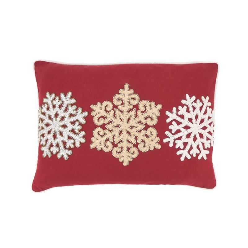 Red Embroidered Snowflake Cotton Throw Pillow, 14"x20"