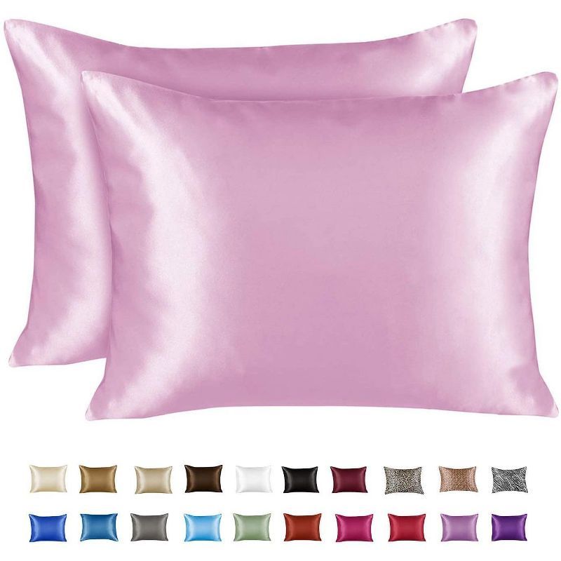 Standard Pink Satin Polyester Pillowcase Set with Zipper