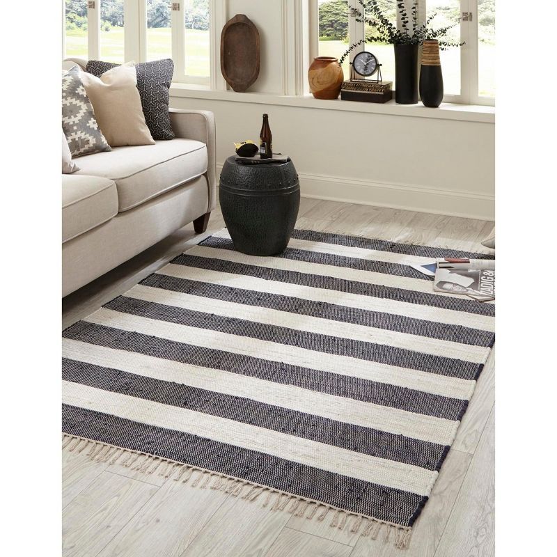 Handmade Navy Blue Stripe Braided 6' x 9' Rug