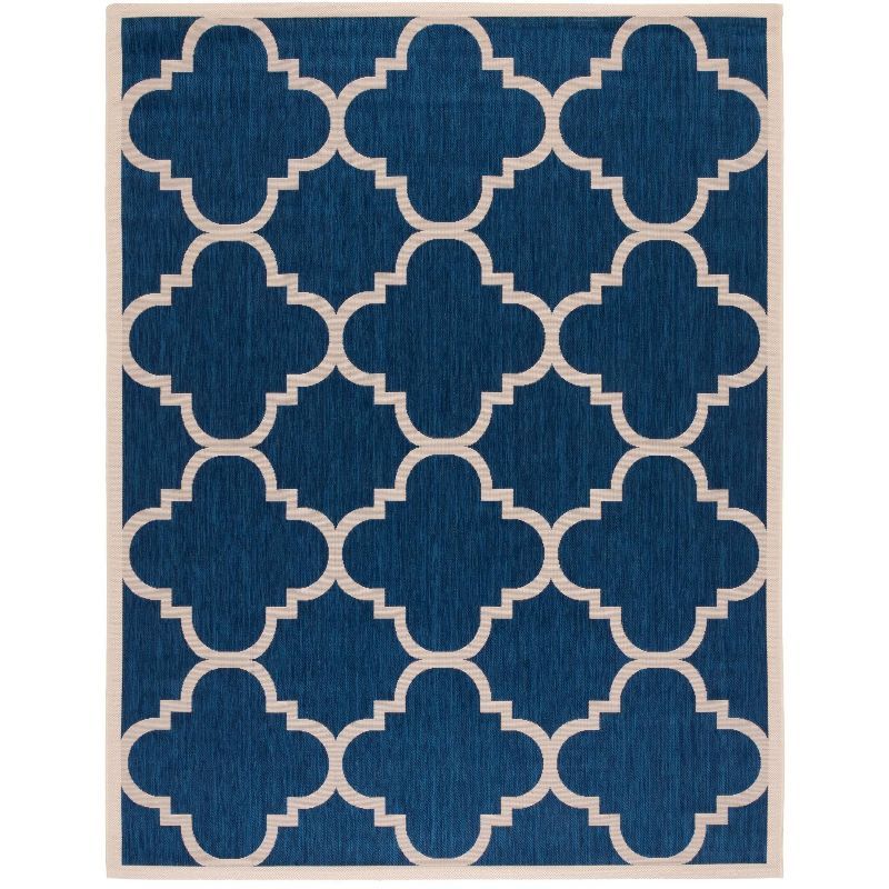 Navy and Beige Synthetic Rectangular Indoor/Outdoor Rug