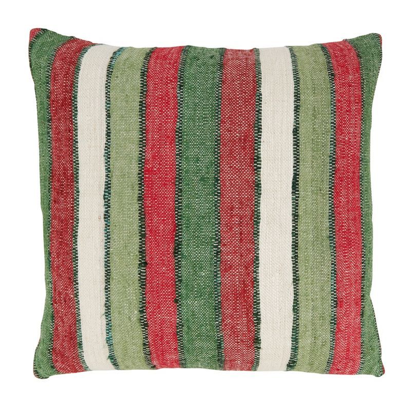 Red and Green Striped 20" Cotton Square Throw Pillow