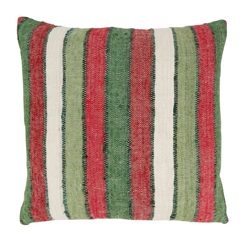 Red and Green Striped Cotton Throw Pillow Cover, 20"