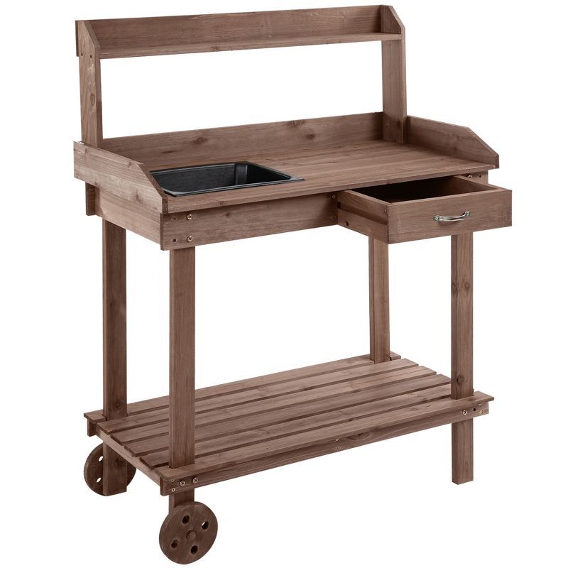 Outsunny 36'' Brown Wooden Potting Bench with Sink and Storage