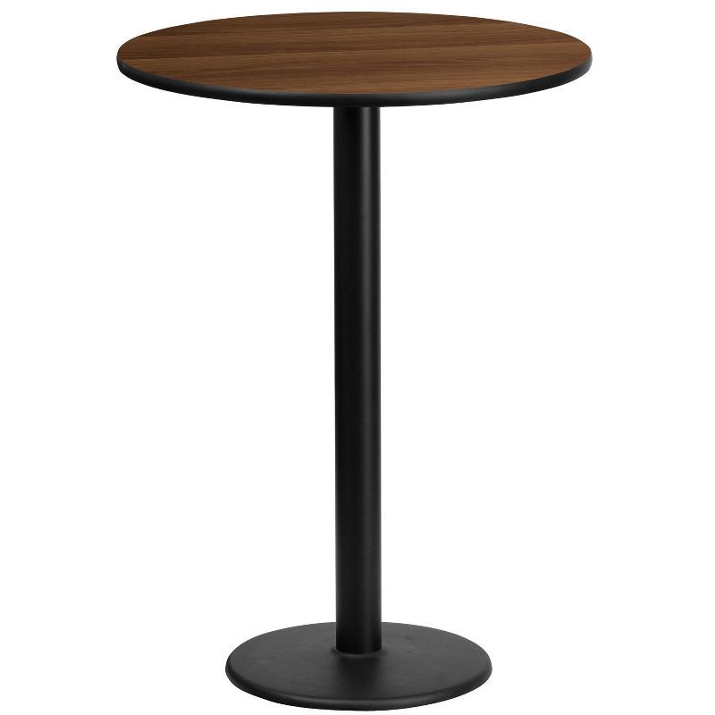 Walnut Laminate Round Bar Height Table with Black Metal Base