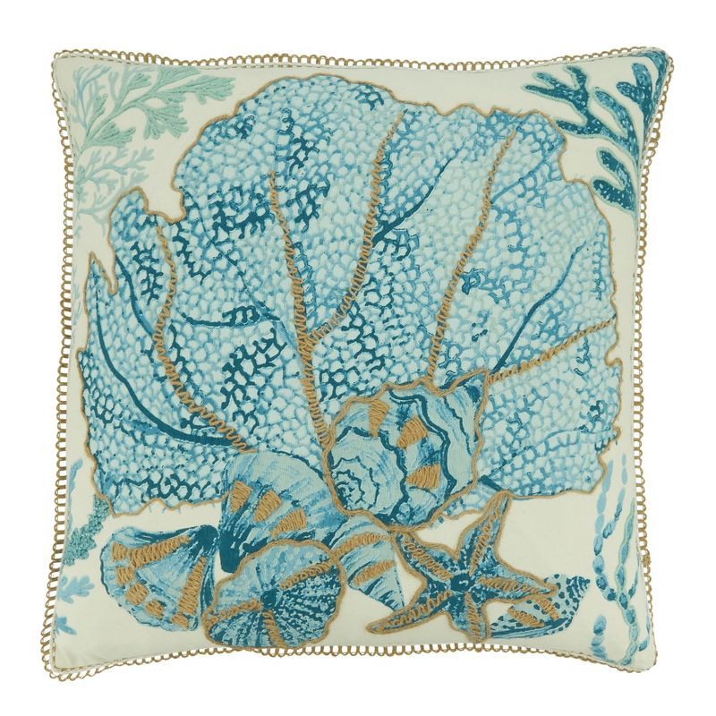 Aqua and Beige Cotton Sea Fan Pillow Cover, 20"