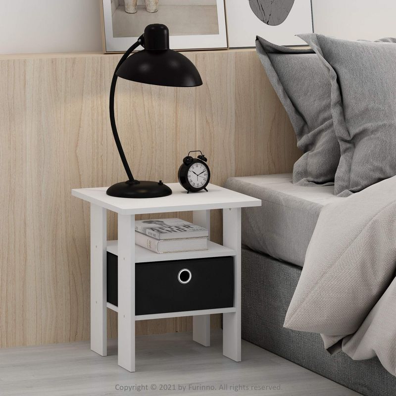 Compact White & Black End Table with Storage Bin and Shelf, Set of 2