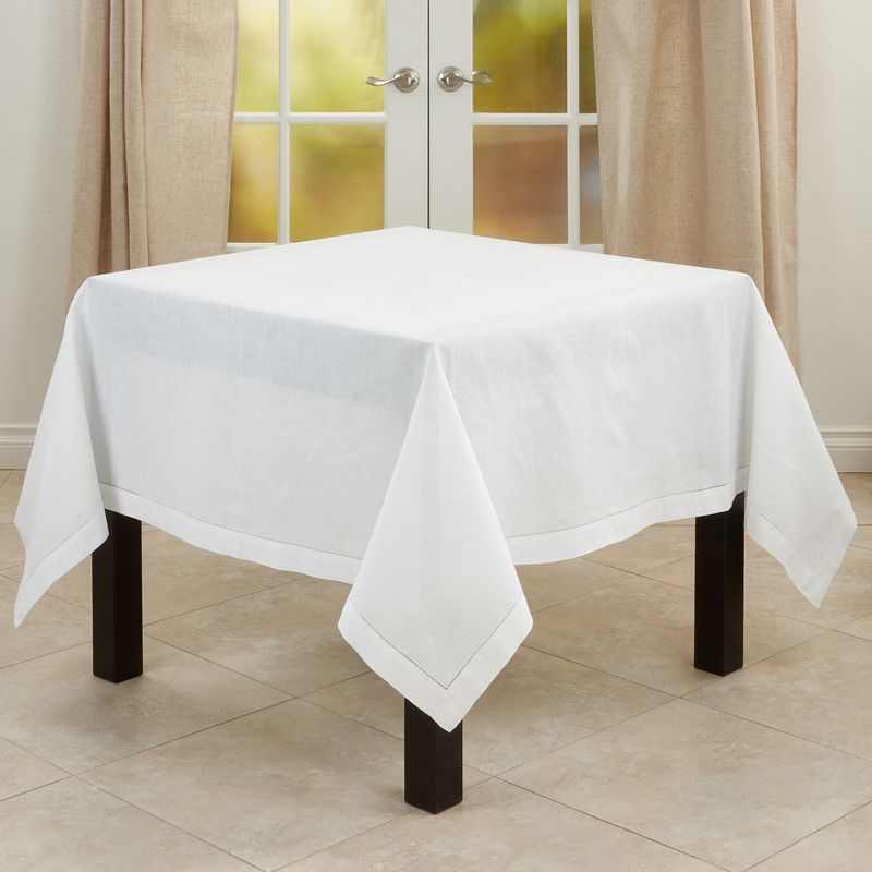 White Hemstitched Cotton Linen Square Tablecloth