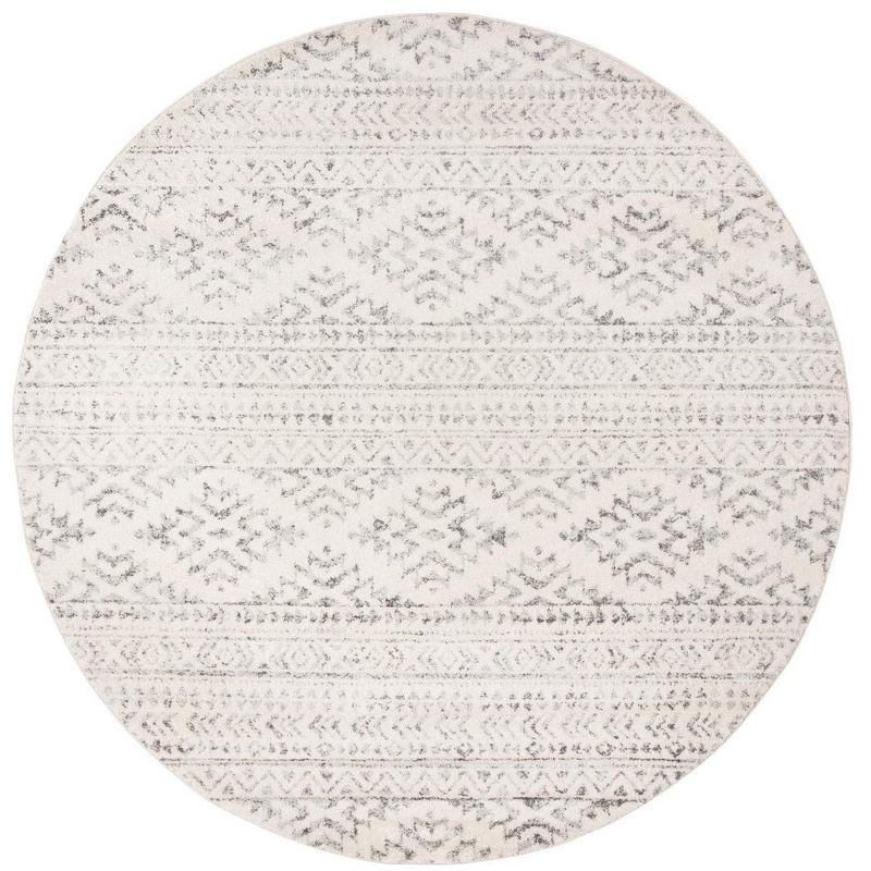 Ivory and Grey Round Geometric Wool Area Rug, 6'7"