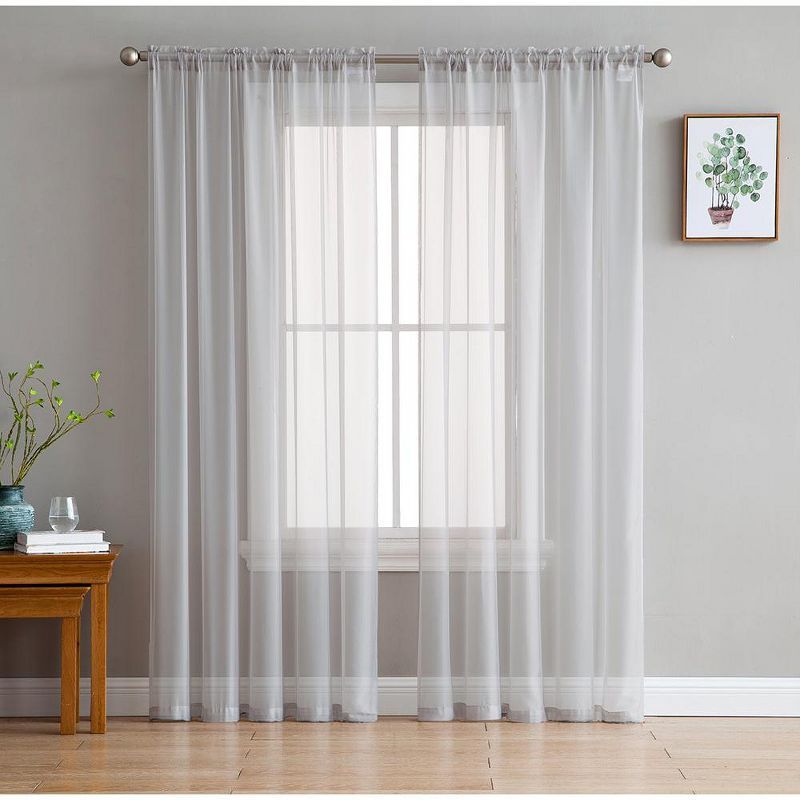 Silver Sheer Voile Rod Pocket Window Curtain Panels, 54 x 63 inches, Set of 2