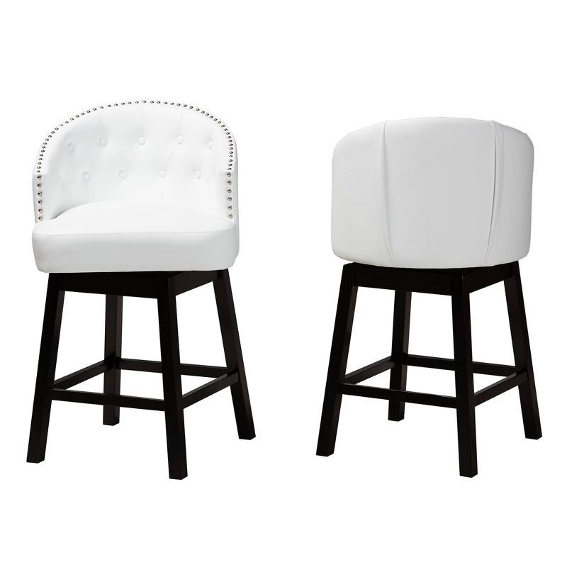 White Faux Leather and Espresso Wood Swivel Counter Stools, Set of 2