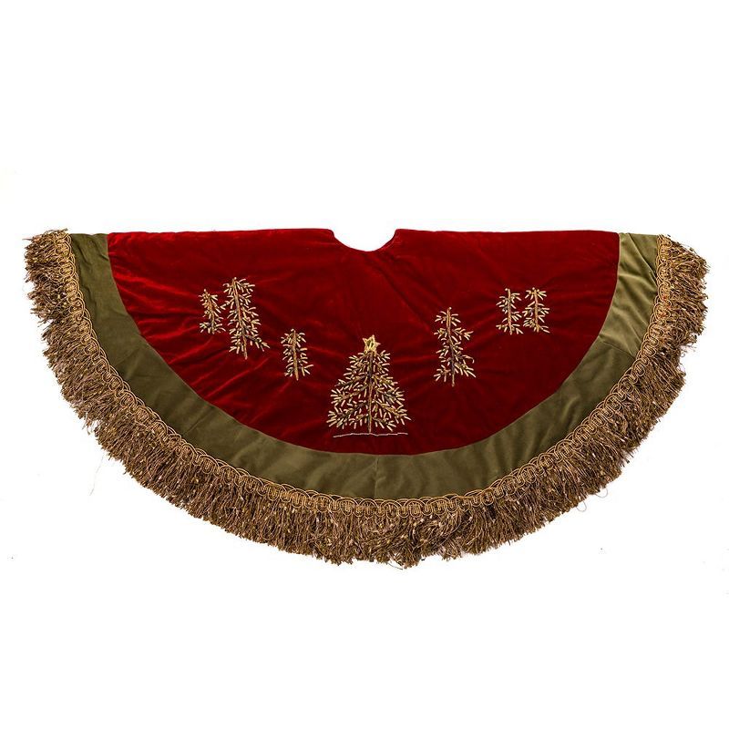 Burgundy Velvet Christmas Tree Skirt with Green Tassel Border