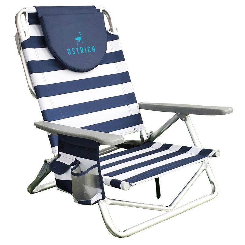 Blue and White Striped Aluminum Camping Chair with Armrests