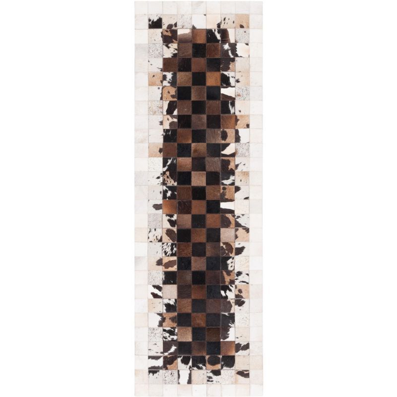 Hand-Stitched Beige & Brown Geometric Cowhide Runner Rug - 2'3" x 7'