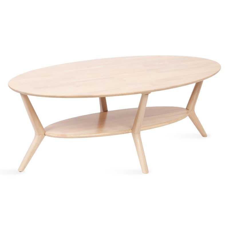 Natural Wood Oval Coffee Table with Storage and Sculptured Legs