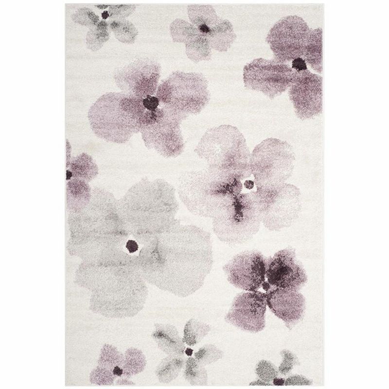 Ivory and Purple Floral Synthetic 5' x 7' Area Rug