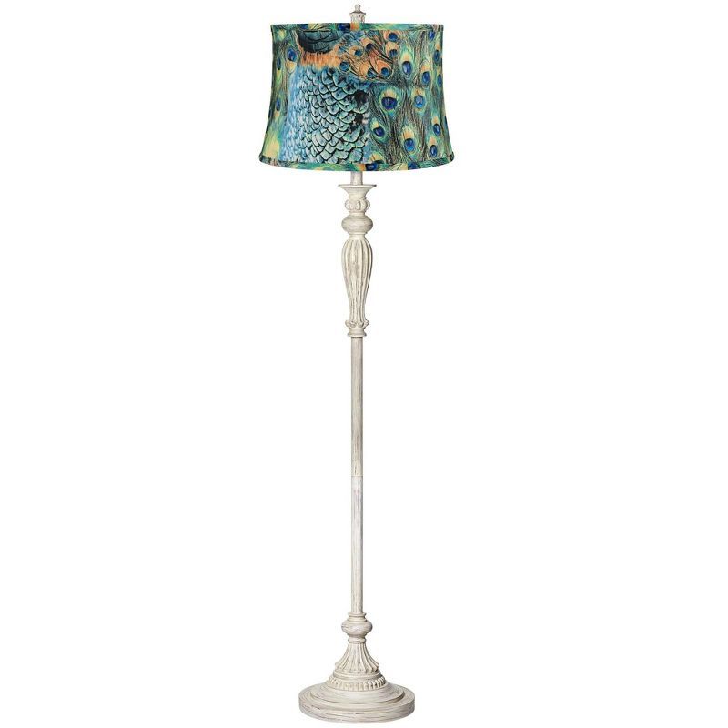 Elegant Antique White Floor Lamp with Peacock Print Shade