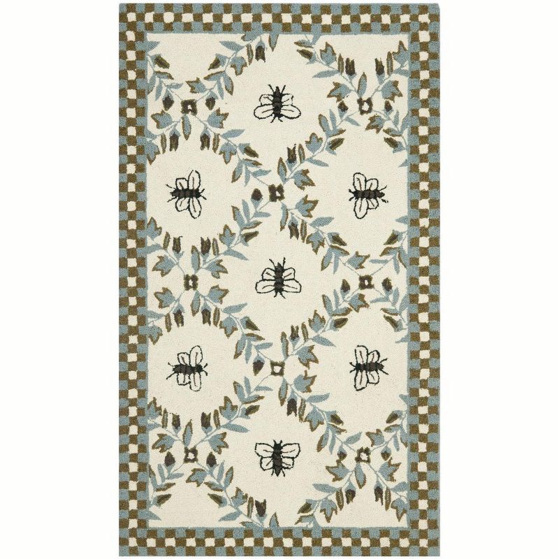 Ivory Floral Hand-Hooked Wool Rectangular Area Rug