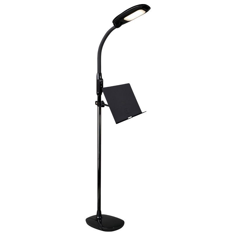 Adjustable Black LED Floor Lamp with USB Charging and Tablet Stand