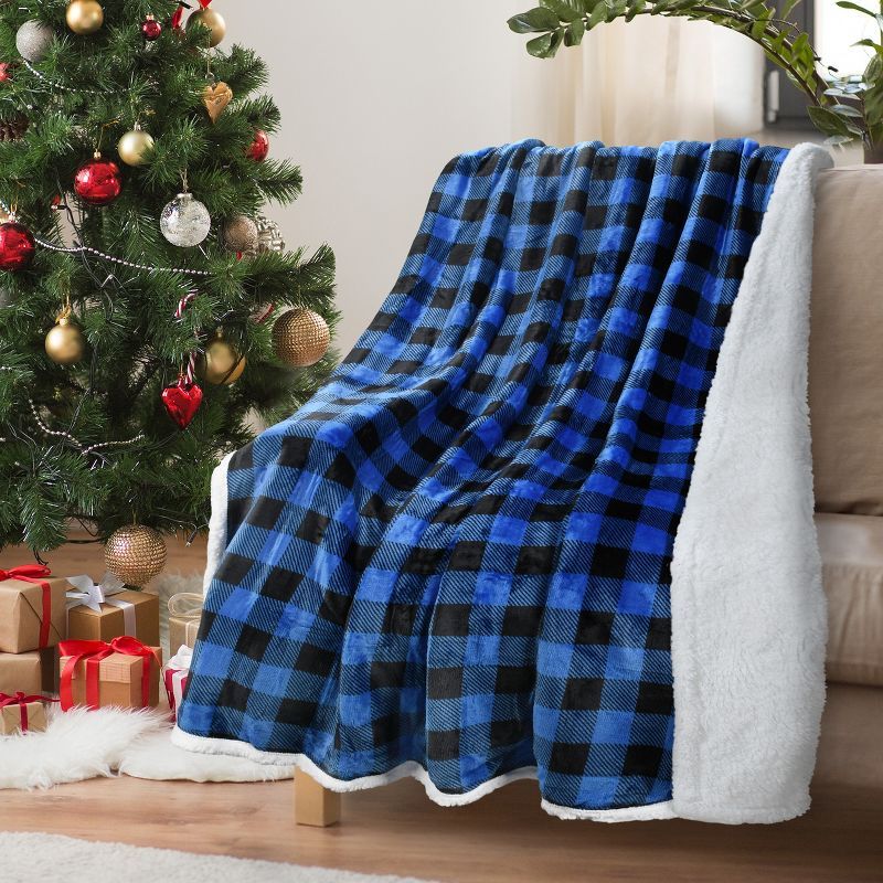 Blue and Black Plaid Reversible Sherpa Fleece Throw Blanket 50" x 60"