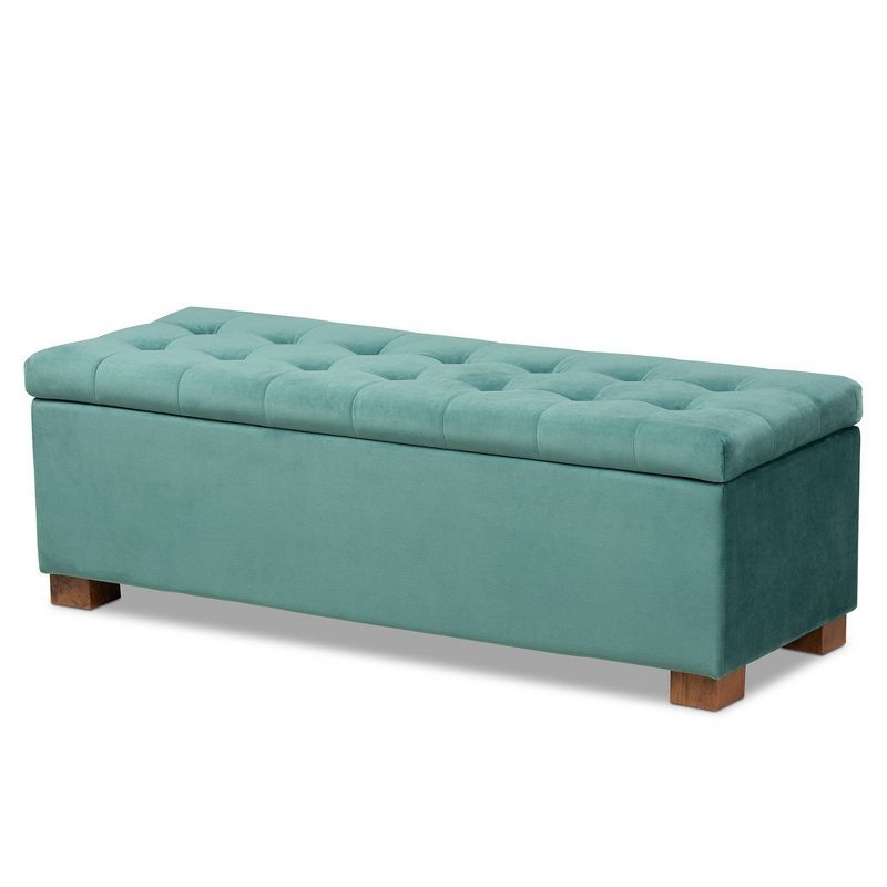 Teal Velvet Tufted Storage Ottoman Bench with Walnut Legs