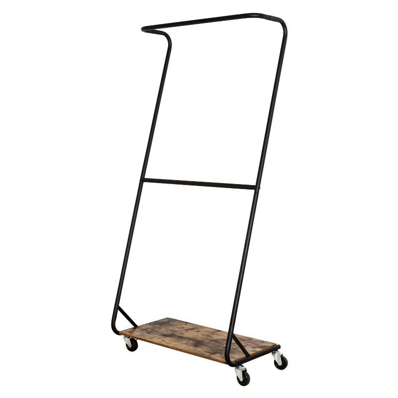 Black Industrial Double Bar Garment Rack with Wood Shelf