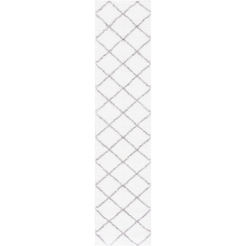 White and Gray Geometric Shag Runner Rug, 2' x 9'