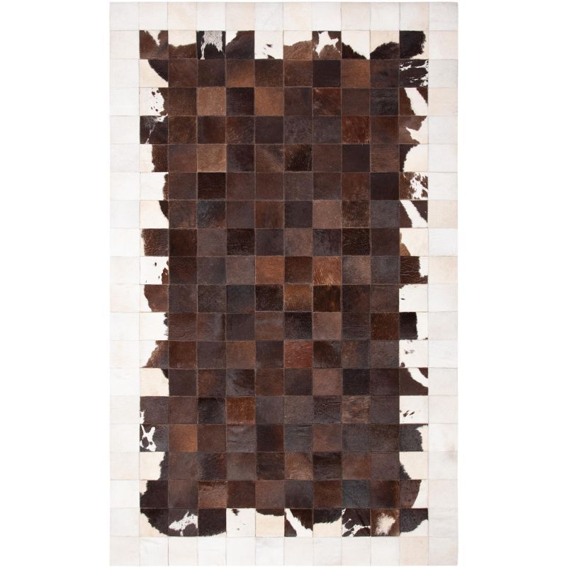 Ivory and Brown Hand-Knotted Geometric Cowhide Rug, 8' x 10'