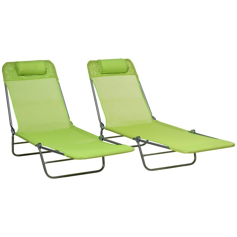 Green Mesh Folding Chaise Lounge Chairs with Cushions, Set of 2