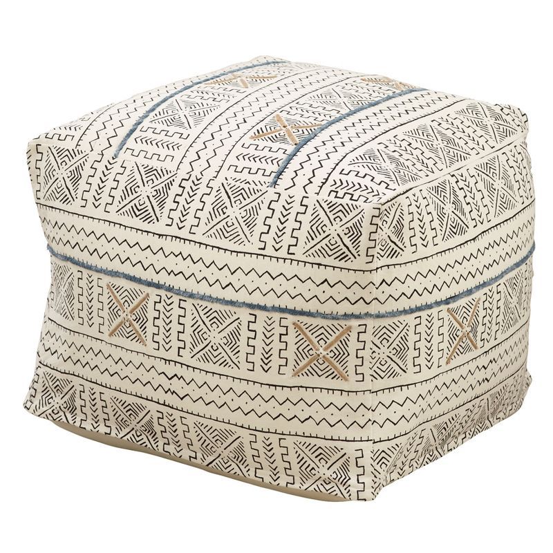 White Cotton Abstract Design Mudcloth Floor Pouf