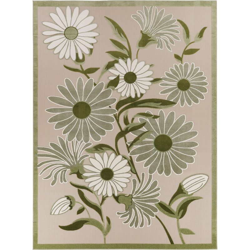 Ivory Green Floral Flatweave 9' x 12' Outdoor Rug