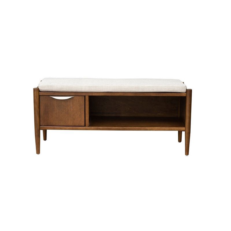 Mid-Century Walnut Storage Bench with Upholstered Cushion