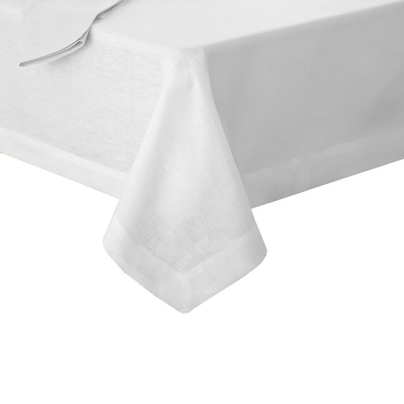 White Linen Rectangular Tablecloth with Mitered Hem, 70" x 96"