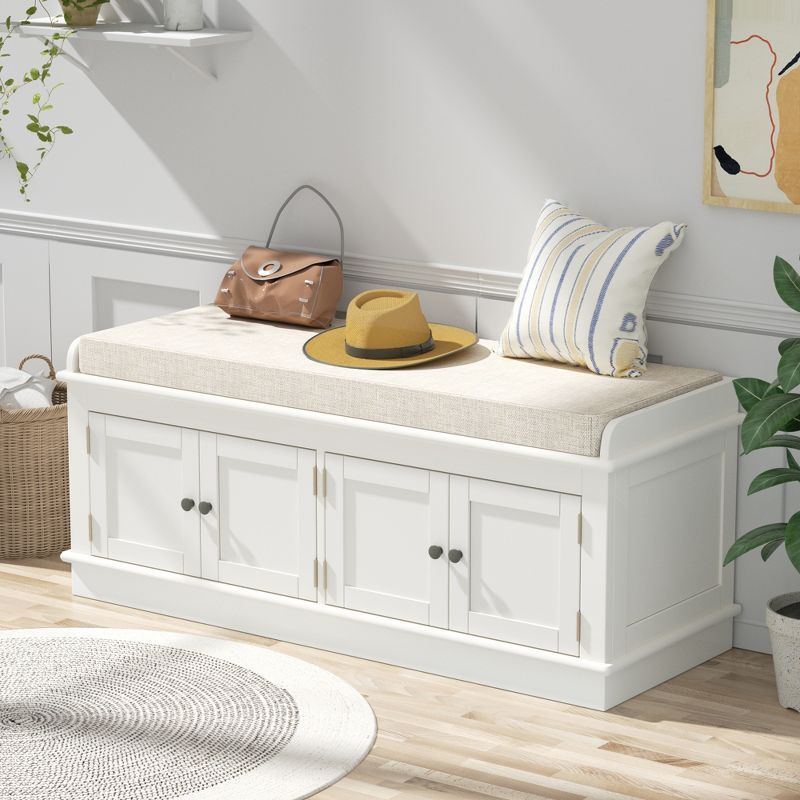 White Upholstered Storage Bench with Pine Finish and Cushion