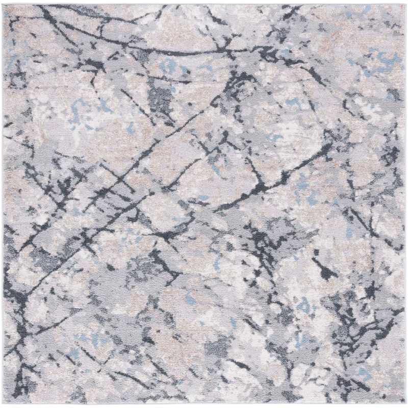Ivory and Gray Abstract Square Synthetic Area Rug