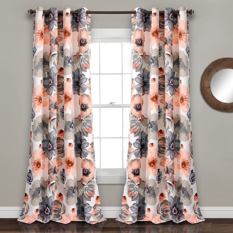 Leah Coral and Gray Floral Room Darkening Window Curtains