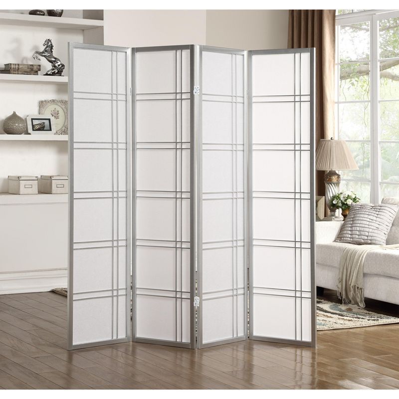Silver 4-Panel Shoji Rice Paper and Wood Room Divider